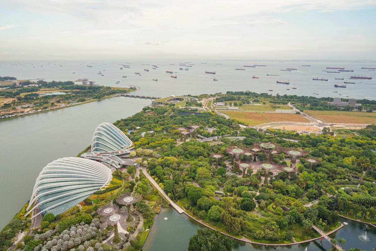 Aerial view over Gardens by the Bay towards ships at anchor in the Singapore Strait